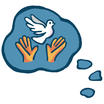  inside a blue thought bubble are two yellow hands that have let go of a white bird, the bird is in flight above the hands, it is a dove.